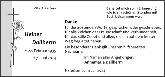 Traueranzeige von Heiner Dallherm von Neue Osnabrücker Zeitung GmbH & Co. KG