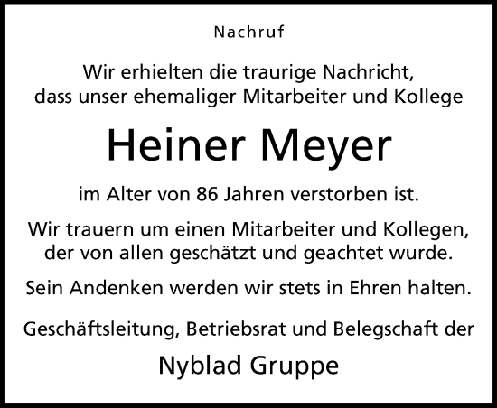 Traueranzeige von Heiner Meyer von Neue Osnabrücker Zeitung GmbH & Co. KG