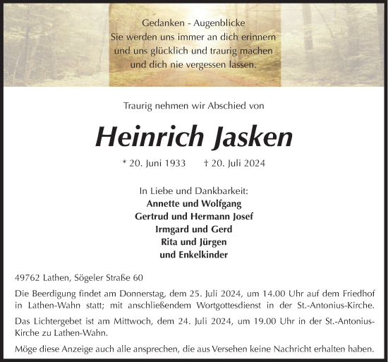 Traueranzeige von Heinrich Jasken von Neue Osnabrücker Zeitung GmbH & Co. KG