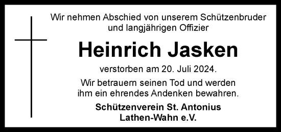 Traueranzeige von Heinrich Jasken von Neue Osnabrücker Zeitung GmbH & Co. KG