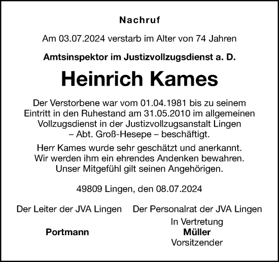 Traueranzeige von Heinrich Kames von Neue Osnabrücker Zeitung GmbH & Co. KG