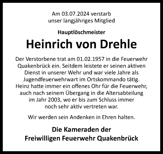 Traueranzeige von Heinrich von Drehle von Neue Osnabrücker Zeitung GmbH & Co. KG