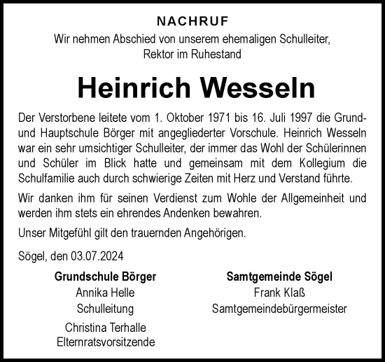 Traueranzeige von Heinrich Wesseln von Neue Osnabrücker Zeitung GmbH & Co. KG