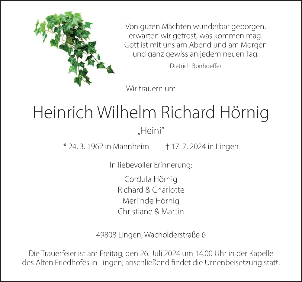  Traueranzeige für Heinrich Wilhelm Richard Hörnig vom 20.07.2024 aus Neue Osnabrücker Zeitung GmbH & Co. KG