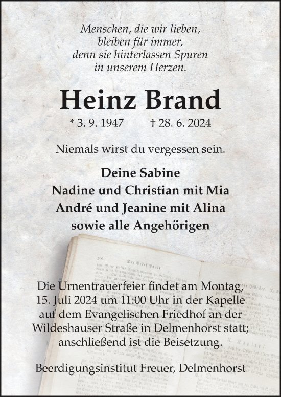 Traueranzeige von Heinz Brand von DK Medien GmbH & Co. KG