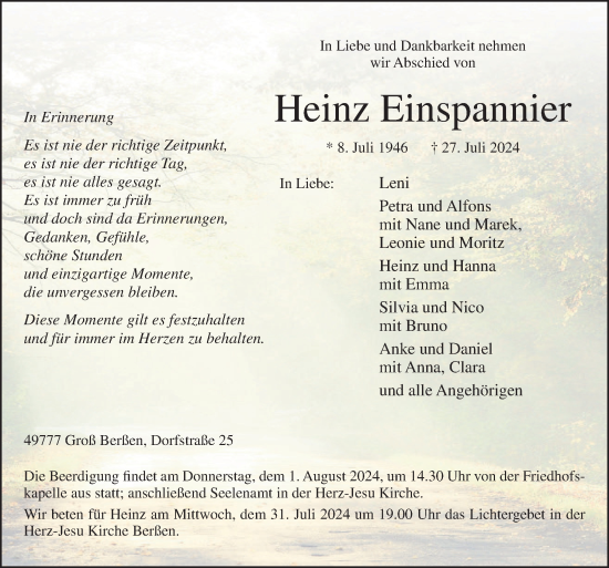 Traueranzeige von Heinz Einspannier von Neue Osnabrücker Zeitung GmbH & Co. KG