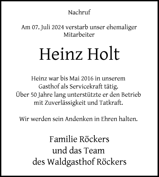 Traueranzeige von Heinz Holt von Neue Osnabrücker Zeitung GmbH & Co. KG