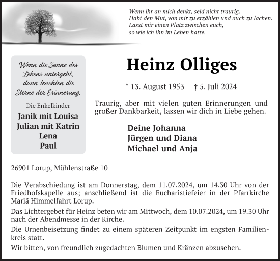 Traueranzeige von Heinz Olliges von Neue Osnabrücker Zeitung GmbH & Co. KG