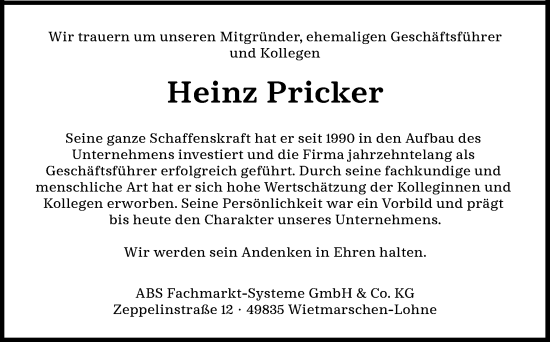 Traueranzeige von Heinz Pricker von Neue Osnabrücker Zeitung GmbH & Co. KG