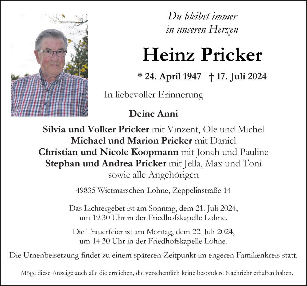  Traueranzeige für Heinz Pricker vom 19.07.2024 aus Neue Osnabrücker Zeitung GmbH & Co. KG