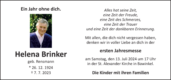 Traueranzeige von Helena Brinker von Neue Osnabrücker Zeitung GmbH & Co. KG