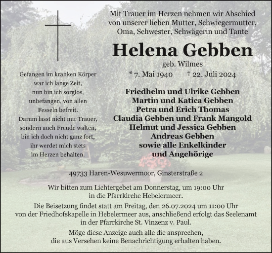 Traueranzeige von Helena Gebben von Neue Osnabrücker Zeitung GmbH & Co. KG