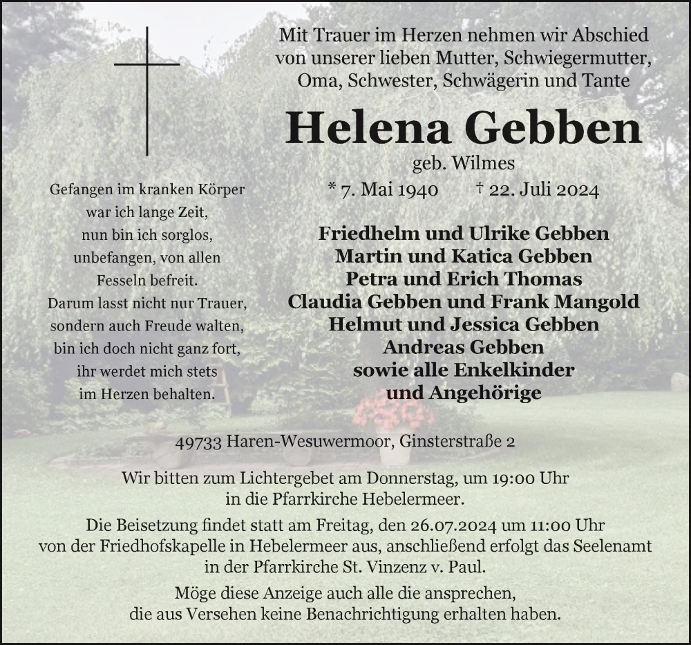  Traueranzeige für Helena Gebben vom 24.07.2024 aus Neue Osnabrücker Zeitung GmbH & Co. KG