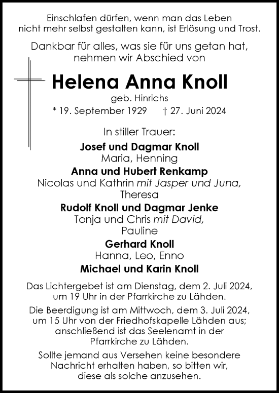 Traueranzeige von Helena Anna Knoll von Neue Osnabrücker Zeitung GmbH & Co. KG