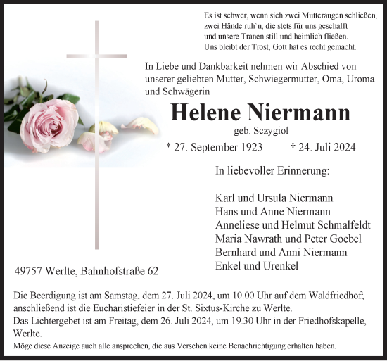 Traueranzeige von Helene Niermann von Neue Osnabrücker Zeitung GmbH & Co. KG