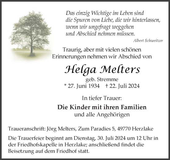 Traueranzeige von Helga Melters von Neue Osnabrücker Zeitung GmbH & Co. KG