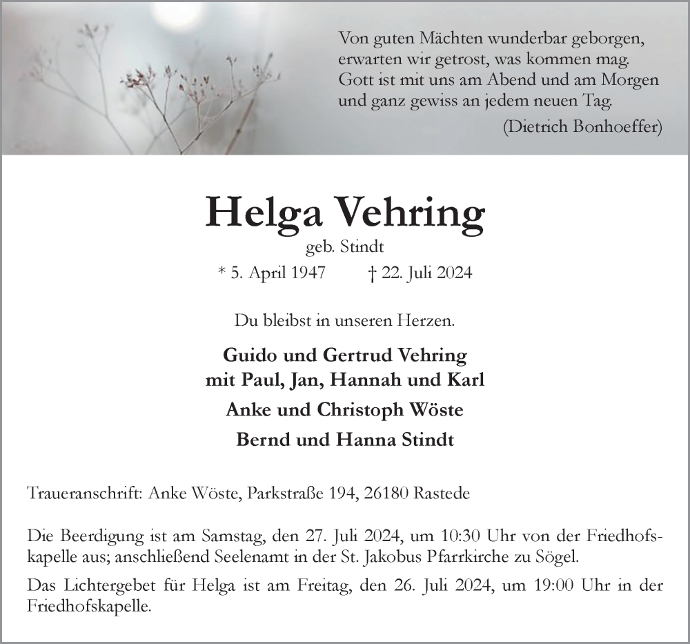  Traueranzeige für Helga Vehring vom 24.07.2024 aus Neue Osnabrücker Zeitung GmbH & Co. KG