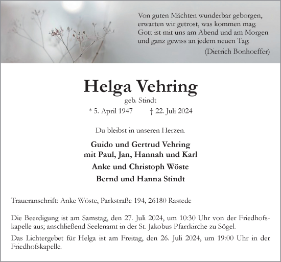 Traueranzeige von Helga Vehring von Neue Osnabrücker Zeitung GmbH & Co. KG