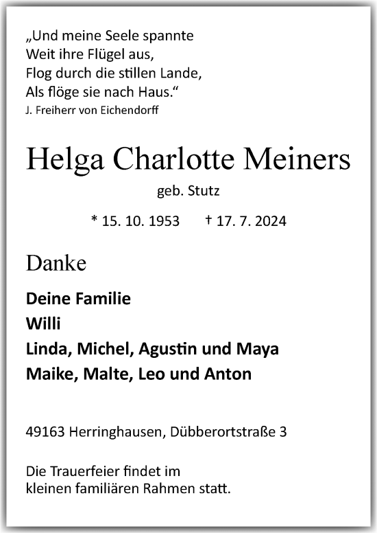 Traueranzeige von Helga Charlotte Meiners von Neue Osnabrücker Zeitung GmbH & Co. KG