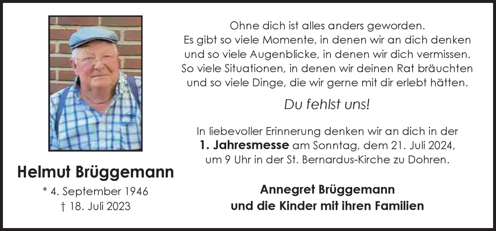  Traueranzeige für Helmut Brüggemann vom 18.07.2024 aus Neue Osnabrücker Zeitung GmbH & Co. KG