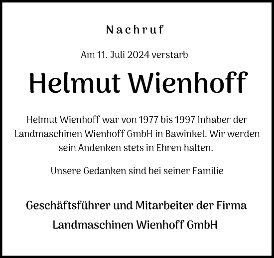 Traueranzeige von Helmut Wienhoff von Neue Osnabrücker Zeitung GmbH & Co. KG