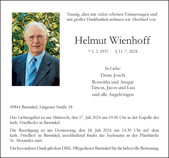 Traueranzeige von Helmut Wienhoff von Neue Osnabrücker Zeitung GmbH & Co. KG