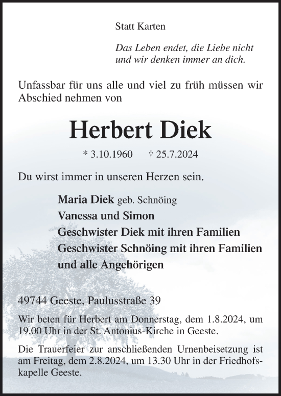 Traueranzeige von Herbert Diek von Neue Osnabrücker Zeitung GmbH & Co. KG