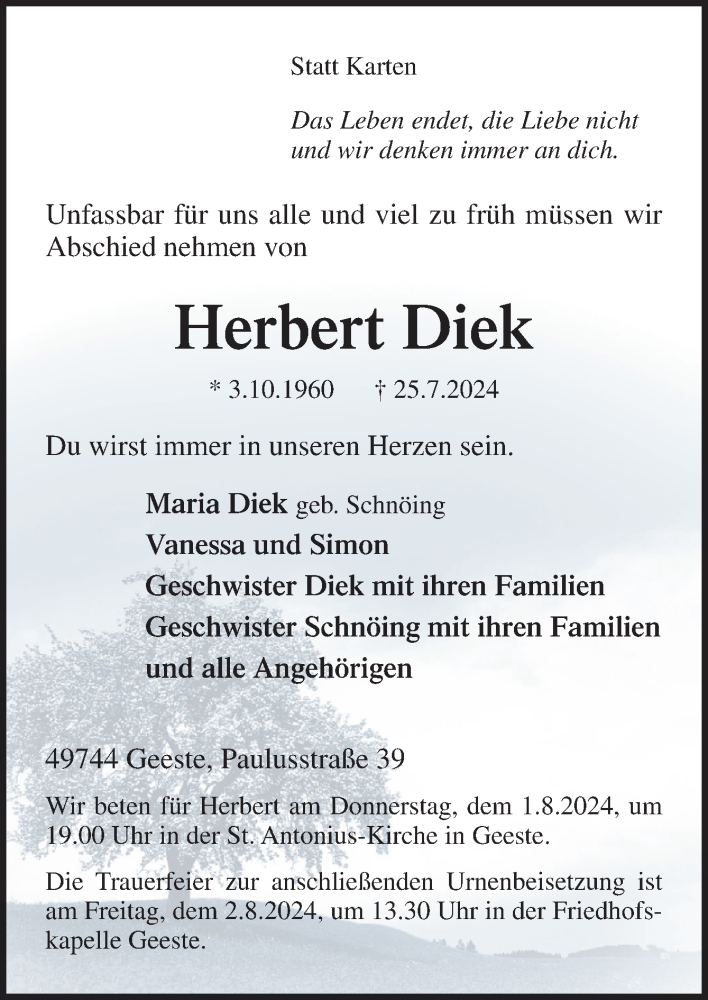  Traueranzeige für Herbert Diek vom 30.07.2024 aus Neue Osnabrücker Zeitung GmbH & Co. KG