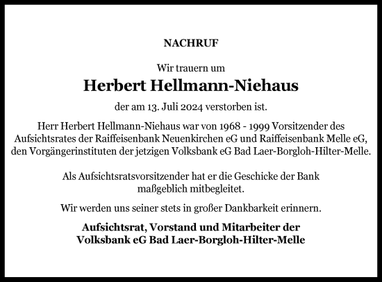 Traueranzeige von Herbert Hellmann-Niehaus von Neue Osnabrücker Zeitung GmbH & Co. KG