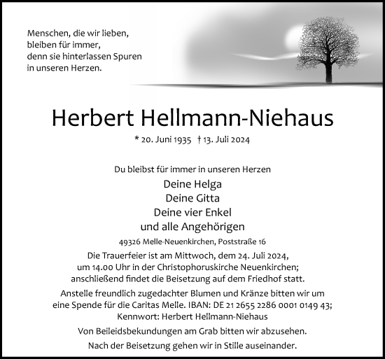 Traueranzeige von Herbert Hellmann-Niehaus von Neue Osnabrücker Zeitung GmbH & Co. KG