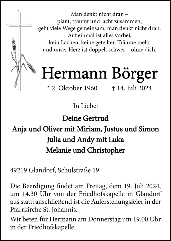 Traueranzeige von Hermann Börger von Neue Osnabrücker Zeitung GmbH & Co. KG