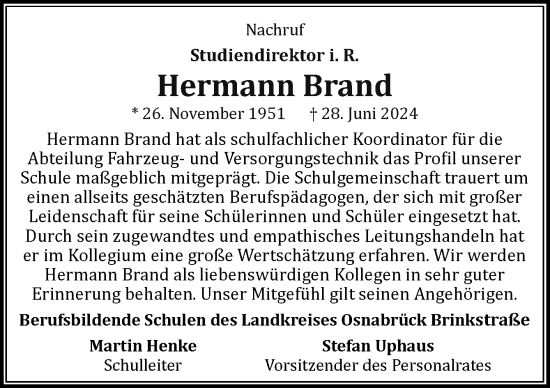 Traueranzeige von Hermann Brand von Neue Osnabrücker Zeitung GmbH & Co. KG