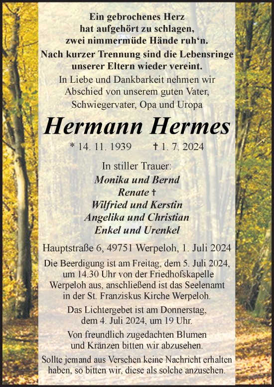 Traueranzeige von Hermann Hermes von Neue Osnabrücker Zeitung GmbH & Co. KG