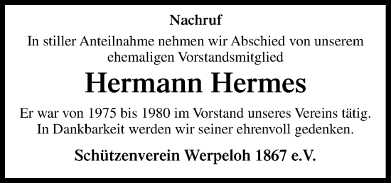 Traueranzeige von Hermann Hermes von Neue Osnabrücker Zeitung GmbH & Co. KG