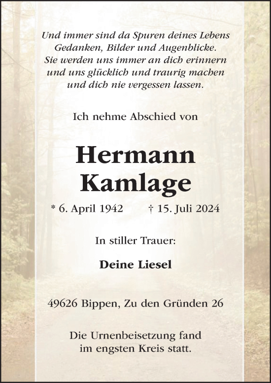 Traueranzeige von Hermann Kamlage von Neue Osnabrücker Zeitung GmbH & Co. KG