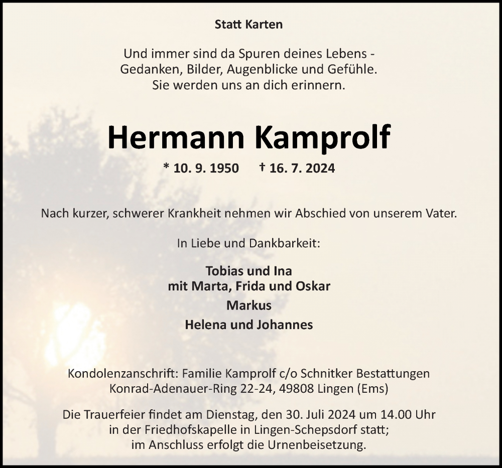  Traueranzeige für Hermann Kamprolf vom 20.07.2024 aus Neue Osnabrücker Zeitung GmbH & Co. KG