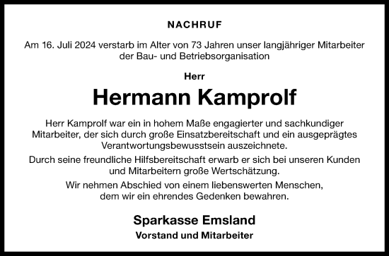 Traueranzeige von Hermann Kamprolf von Neue Osnabrücker Zeitung GmbH & Co. KG