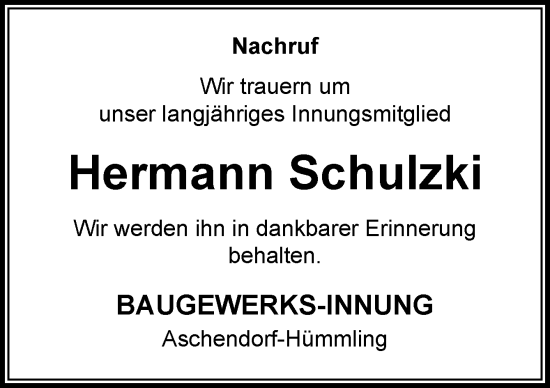 Traueranzeige von Hermann Schulzki von Neue Osnabrücker Zeitung GmbH & Co. KG