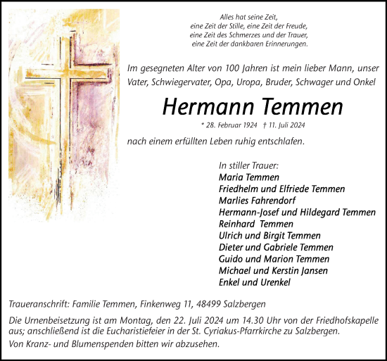 Traueranzeige von Hermann Temmen von Neue Osnabrücker Zeitung GmbH & Co. KG