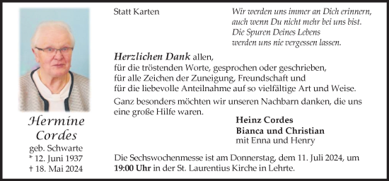 Traueranzeige von Hermine Cordes von Neue Osnabrücker Zeitung GmbH & Co. KG