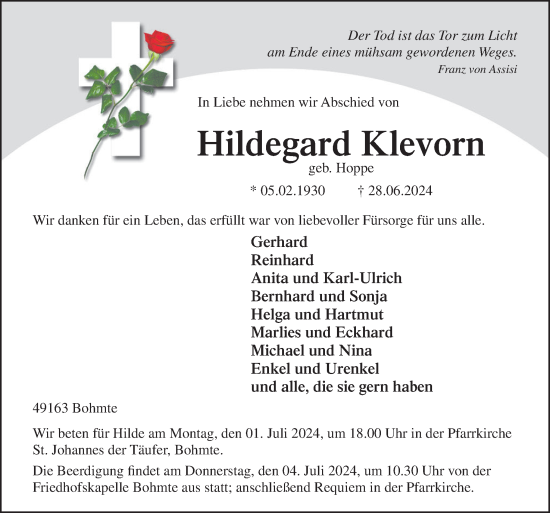 Traueranzeige von Hildegard Klevorn von Neue Osnabrücker Zeitung GmbH & Co. KG