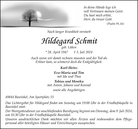 Traueranzeige von Hildegard Schmit von Neue Osnabrücker Zeitung GmbH & Co. KG