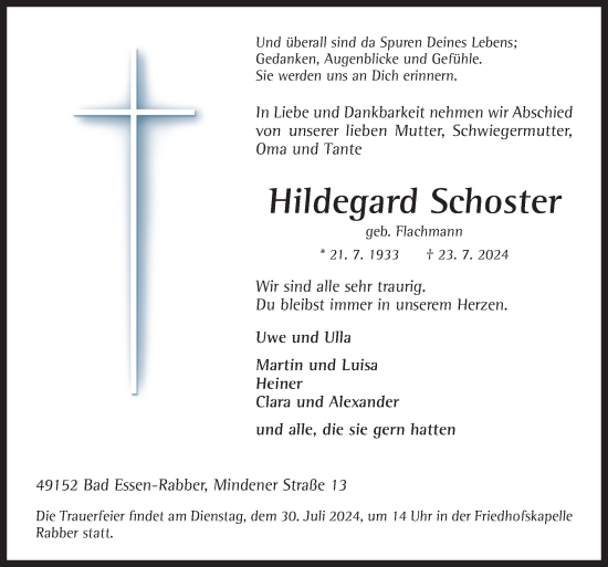 Traueranzeige von Hildegard Schoster von Neue Osnabrücker Zeitung GmbH & Co. KG