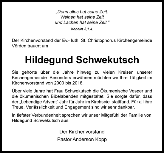 Traueranzeige von Hildegund Schwekutsch von Neue Osnabrücker Zeitung GmbH & Co. KG