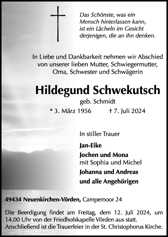 Traueranzeige von Hildegund Schwekutsch von Neue Osnabrücker Zeitung GmbH & Co. KG