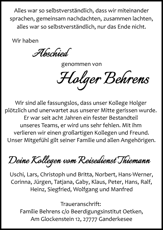 Traueranzeige von Holger Behrens von DK Medien GmbH & Co. KG