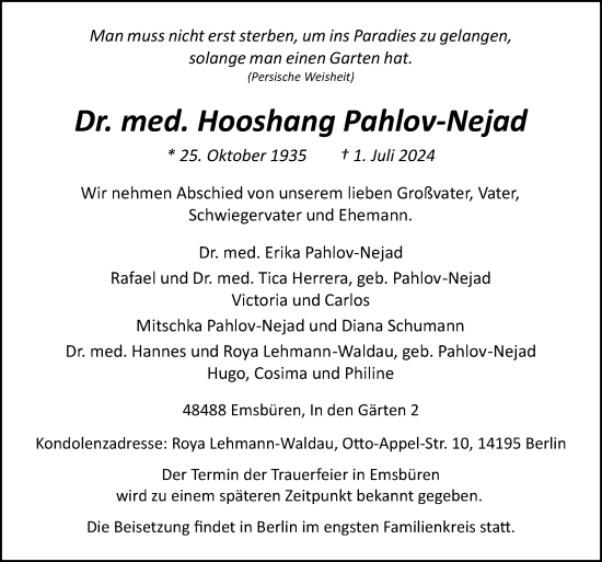 Traueranzeige von Hooshang Pahlov-Nejad von Neue Osnabrücker Zeitung GmbH & Co. KG