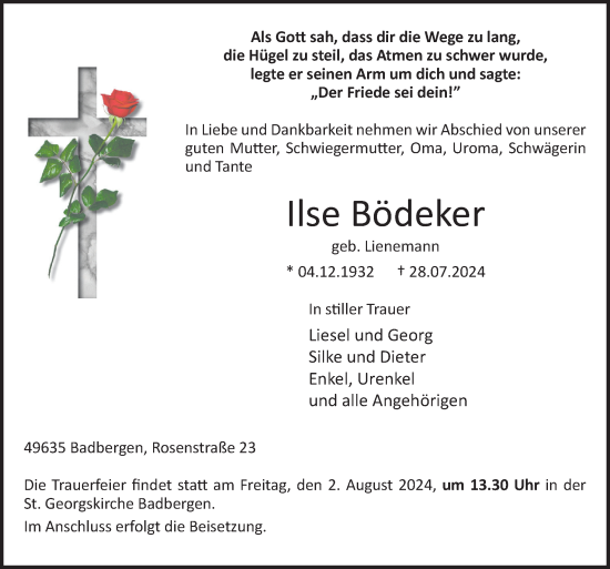 Traueranzeige von Ilse Bödeker von Neue Osnabrücker Zeitung GmbH & Co. KG