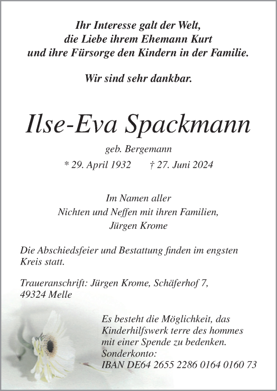 Traueranzeige von Ilse-Eva Spackmann von Neue Osnabrücker Zeitung GmbH & Co. KG