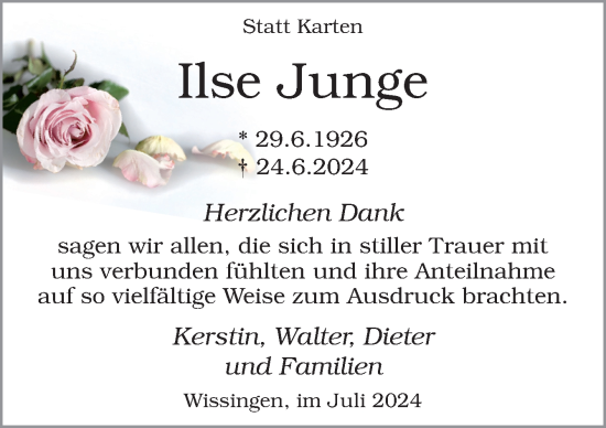 Traueranzeige von Ilse Junge von Neue Osnabrücker Zeitung GmbH & Co. KG